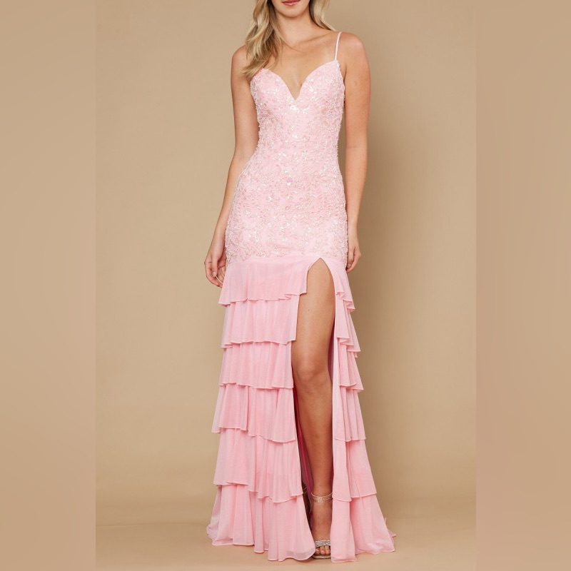 Elegant Pink Ruffle V-Neck Evening Dress